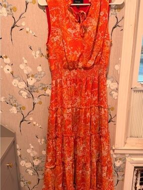 MSK Bright Orange Floral Tiered Maxi Dress with Tie Neck